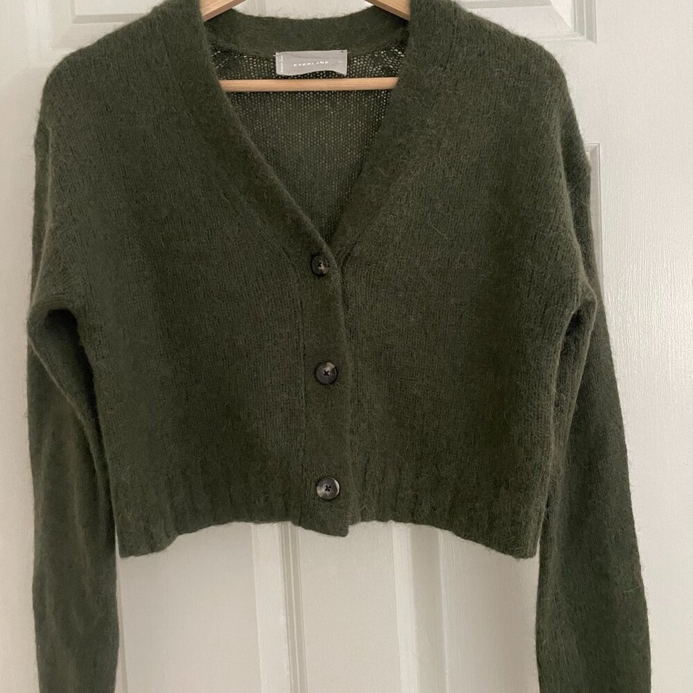 Everlane Olive Green Fuzzy Cropped V-Neck Cardigan
